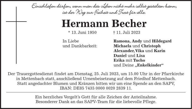 Traueranzeige Hermann Becker