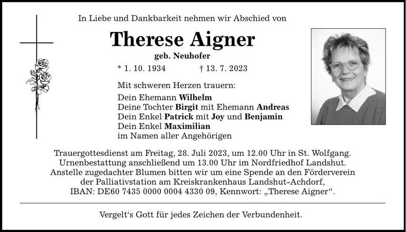 Traueranzeige Therese Aigner