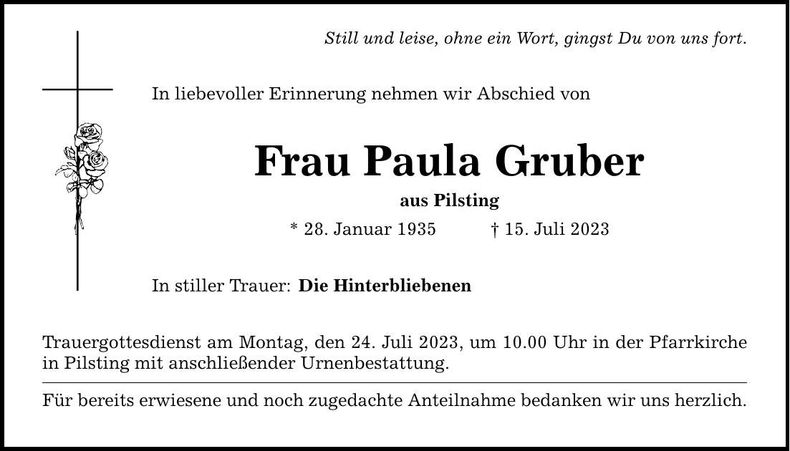 Traueranzeige Paula Gruber