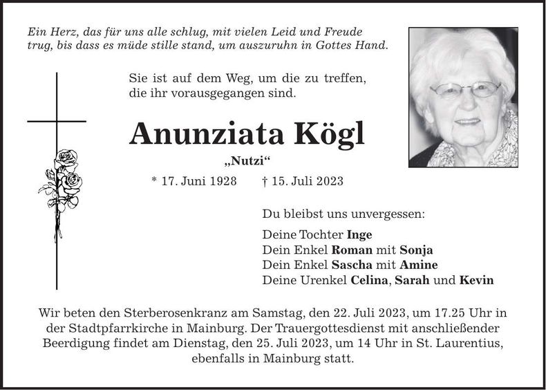 Traueranzeige Anunziata Kögl