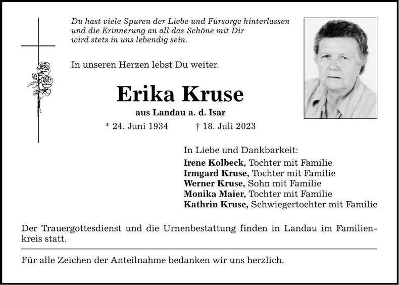 Traueranzeige Erika Kruse