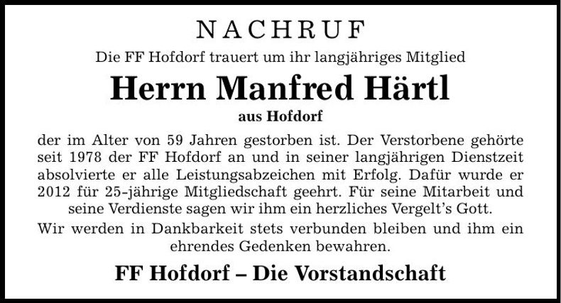 Traueranzeige Manfred Härtl