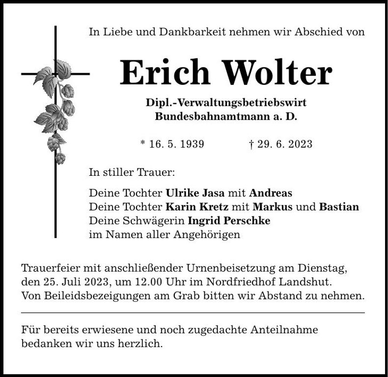 Traueranzeige Erich Wolter