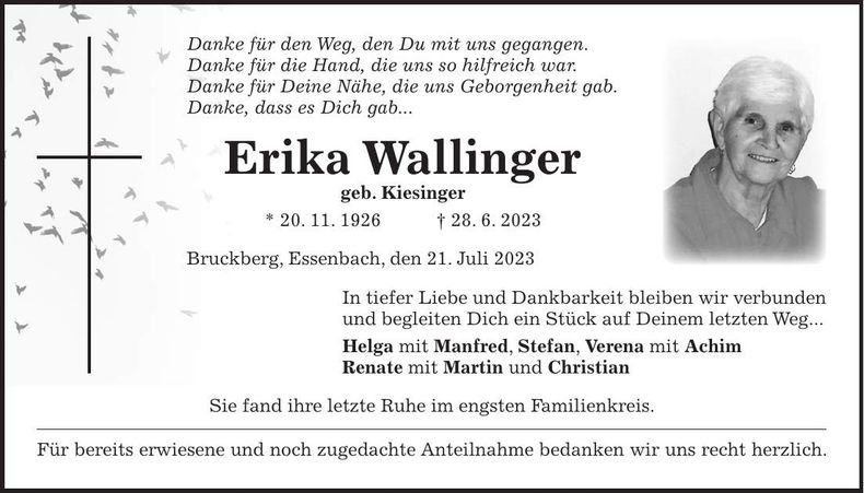 Traueranzeige Erika Wallinger