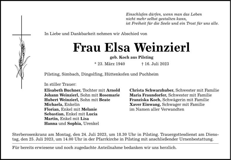 Traueranzeige Elsa Weinzierl