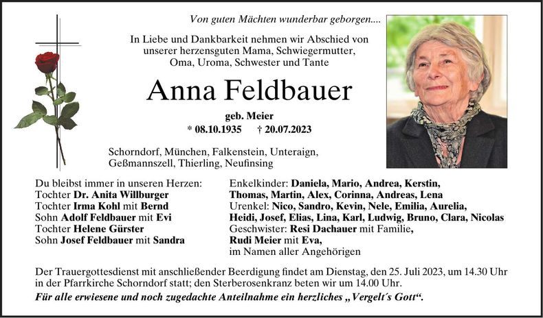 Traueranzeige Anna Feldbauer