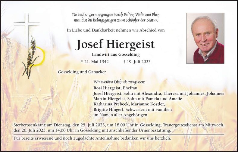 Traueranzeige Josef Hiergeist