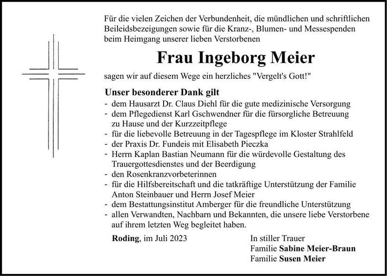 Traueranzeige Ingeborg Meier