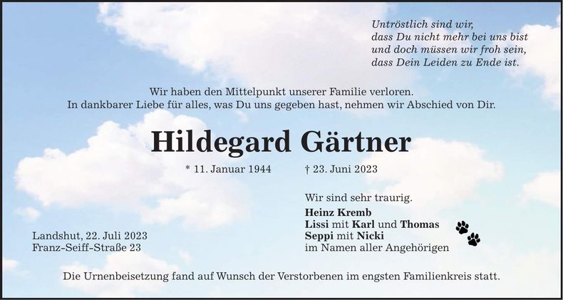 Traueranzeige Hildegard Gärtner