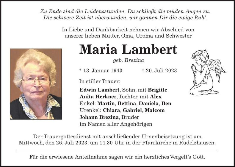 Traueranzeige Maria Lambert