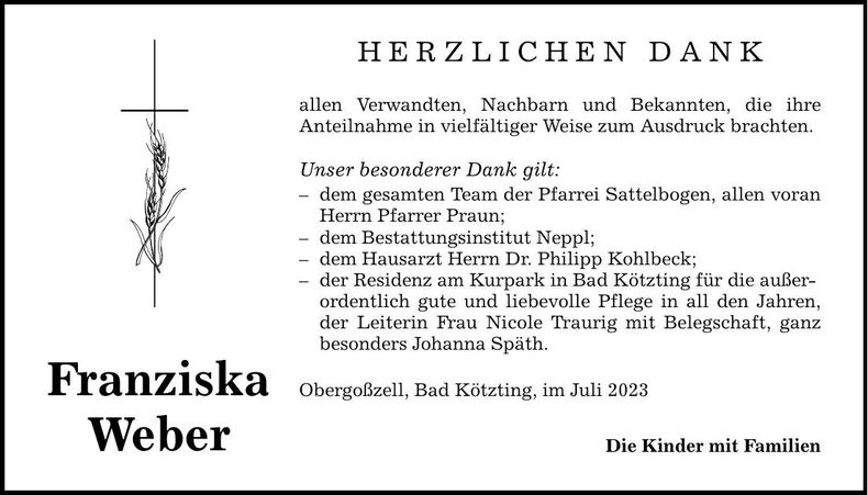 Traueranzeige Franziska Weber