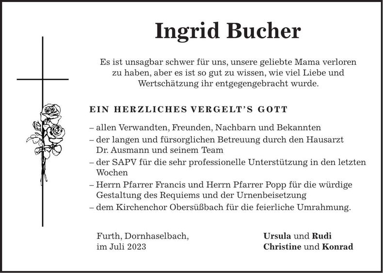 Traueranzeige Ingrid Bucher