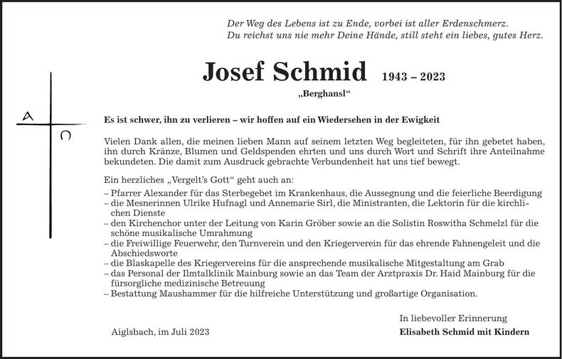Traueranzeige Josef Schmid