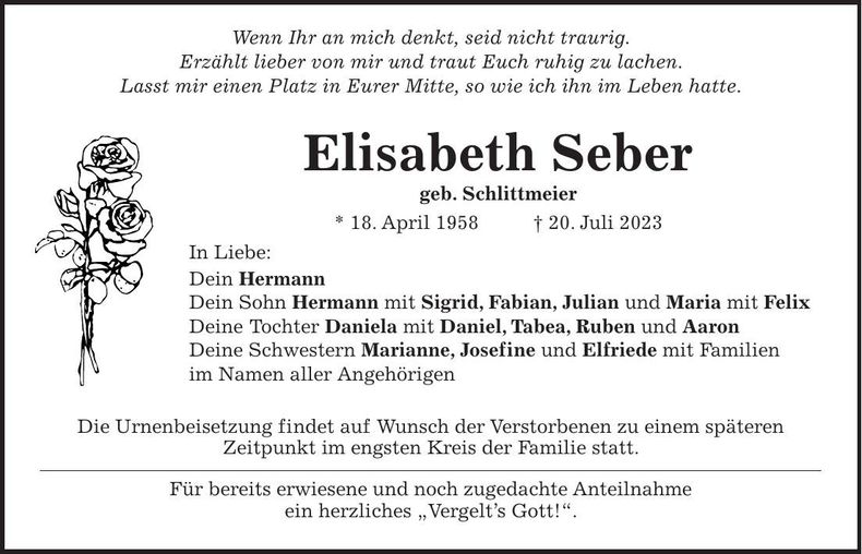 Traueranzeige Elisabeth Seber