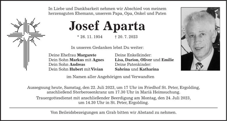 Traueranzeige Josef Aparta