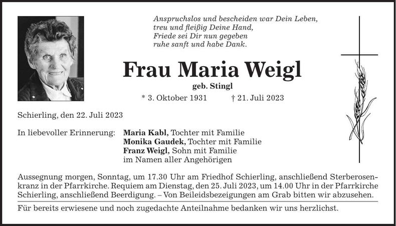 Traueranzeige Maria Weigl