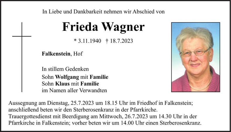 Traueranzeige Frieda Wagner