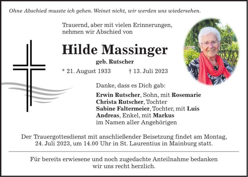 Traueranzeige Hilde Massinger