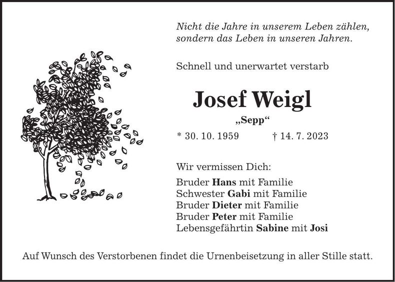 Traueranzeige Josef Weigl