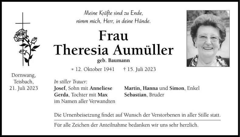 Traueranzeige Theresia Aumüller