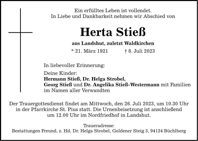 Traueranzeige Herta Stieß