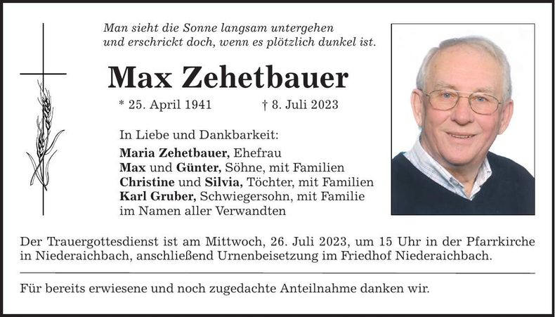 Traueranzeige Max Zehetbauer