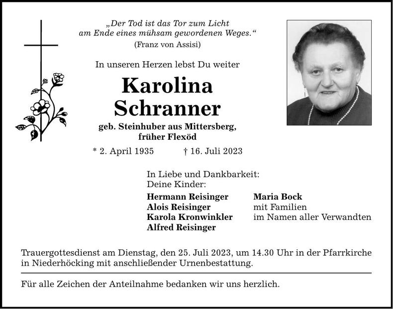 Traueranzeige Karolina Schranner