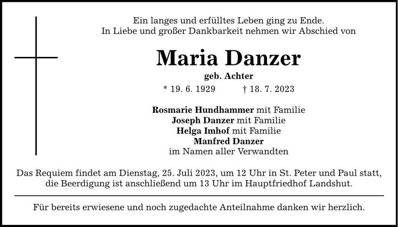 Traueranzeige Maria Danzer