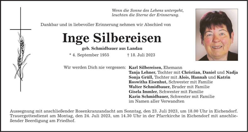 Traueranzeige Inge Silbereisen