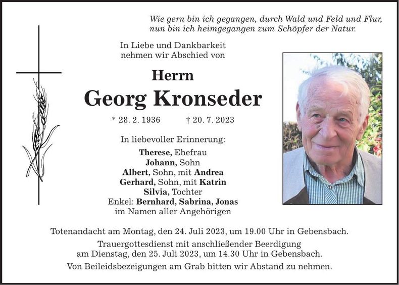 Traueranzeige Georg Kronseder
