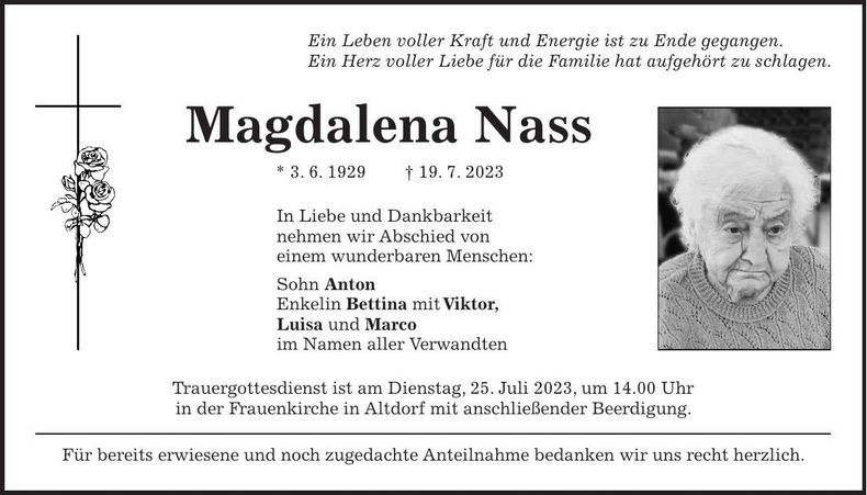 Traueranzeige Magdalena Nass