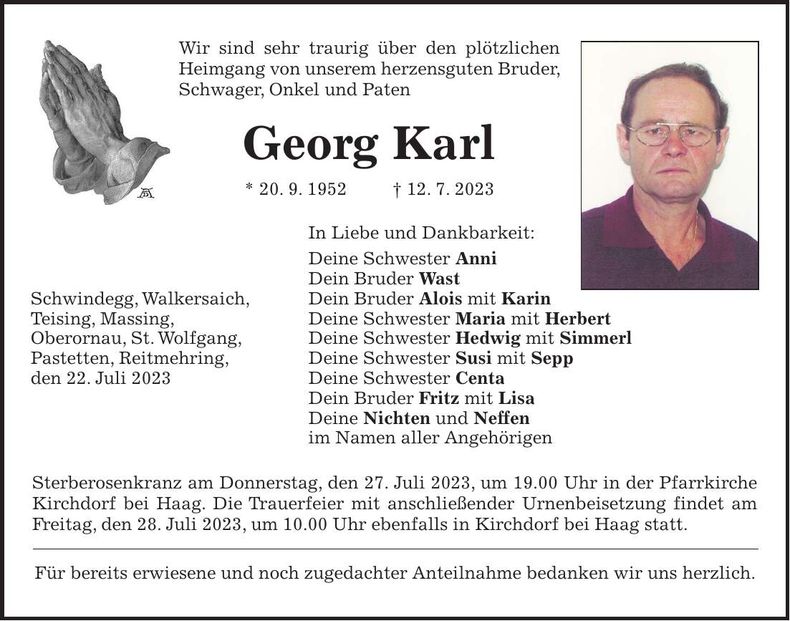 Traueranzeige Georg Karl