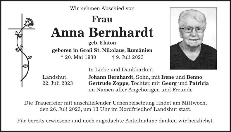 Traueranzeige Anna Bernhardt