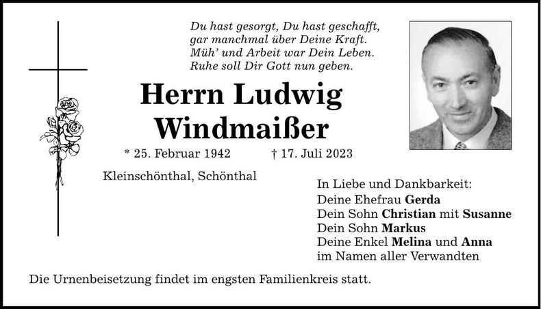 Traueranzeige Ludwig Windmaißer