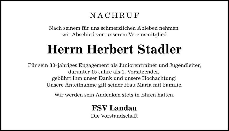 Traueranzeige Herbert Stadler