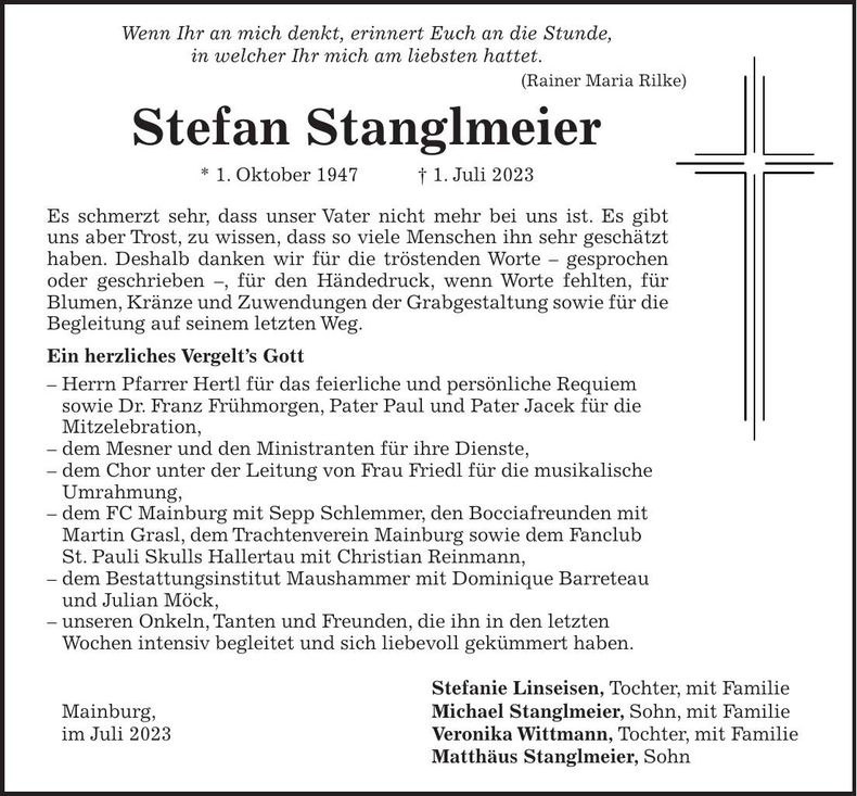 Traueranzeige Stefan Stanglmeier
