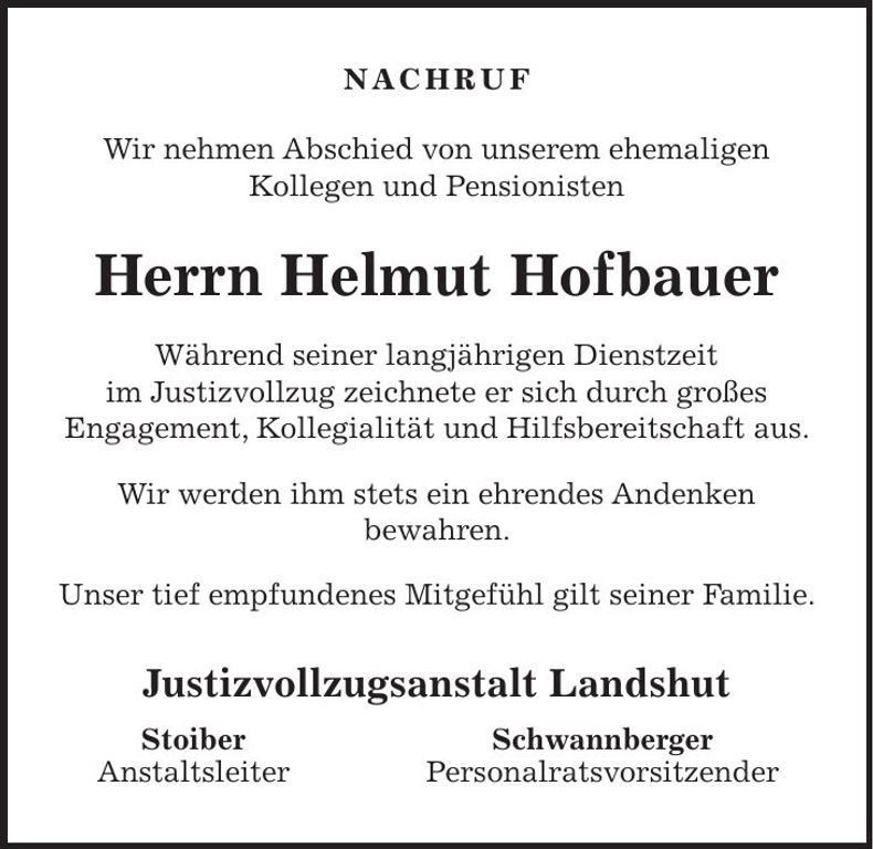 Traueranzeige Helmut Hofbauer