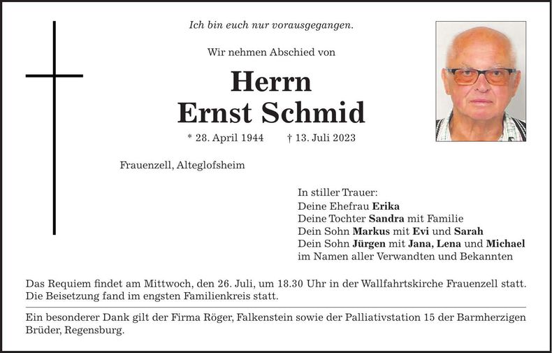 Traueranzeige Ernst Schmid