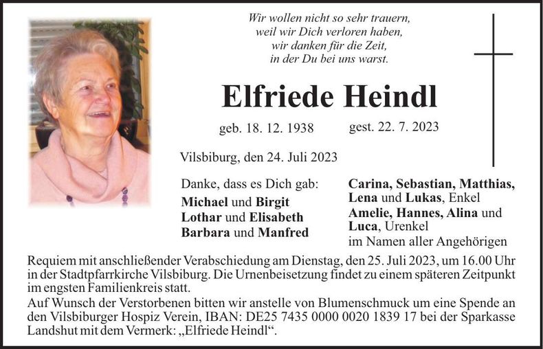 Traueranzeige Elfriede Heindl
