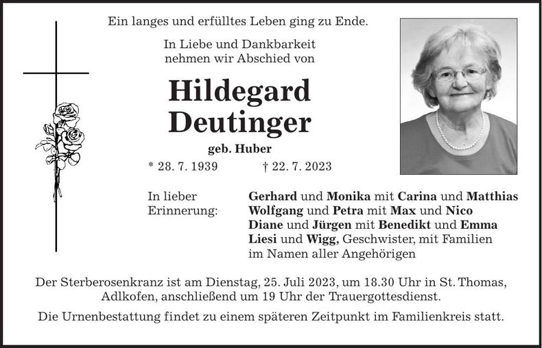 Traueranzeige Hildegard Deutinger