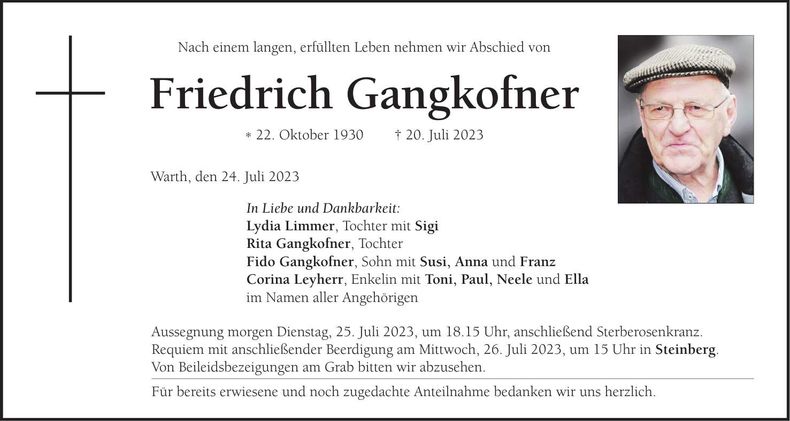 Traueranzeige Friedrich Gangkofner