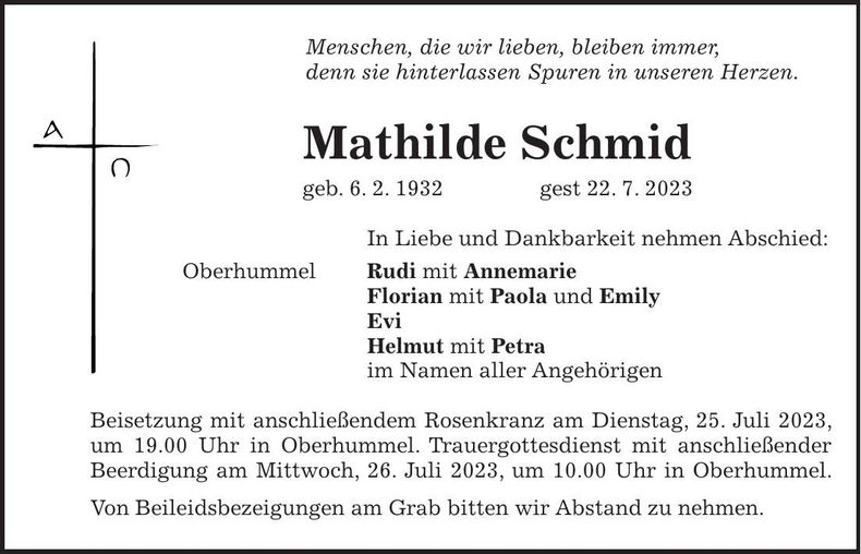 Traueranzeige Mathilde Schmid