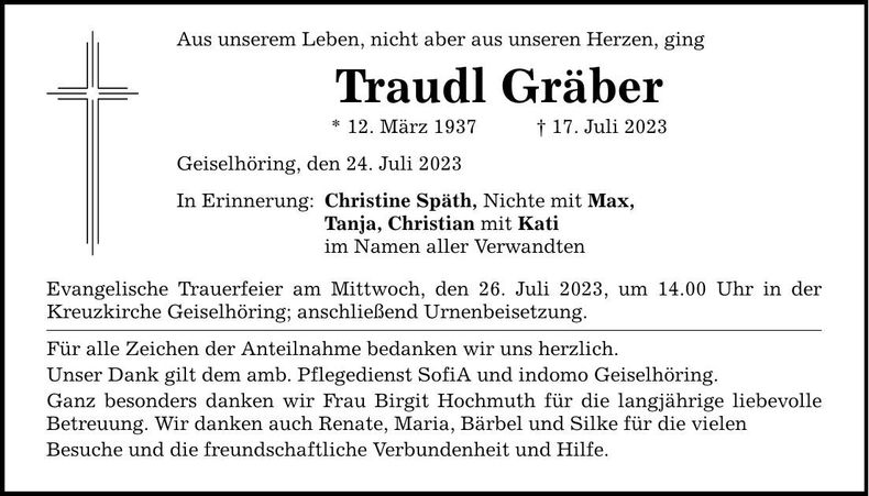 Traueranzeige Traudl Gräber