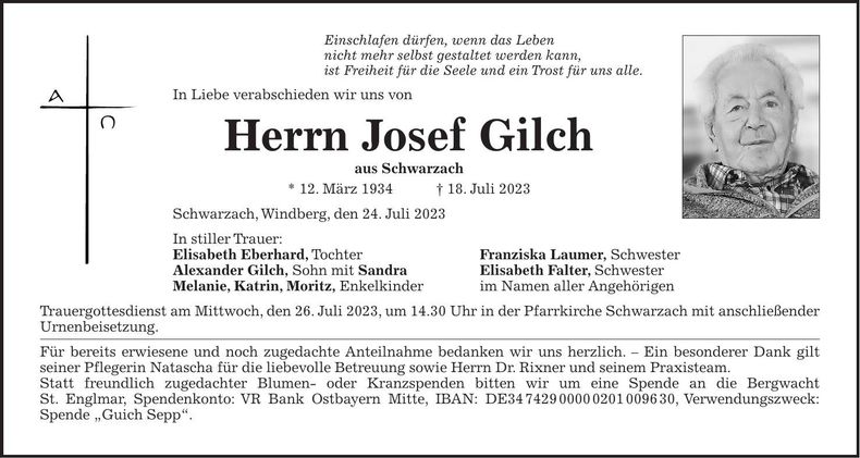 Traueranzeige Josef Gilch