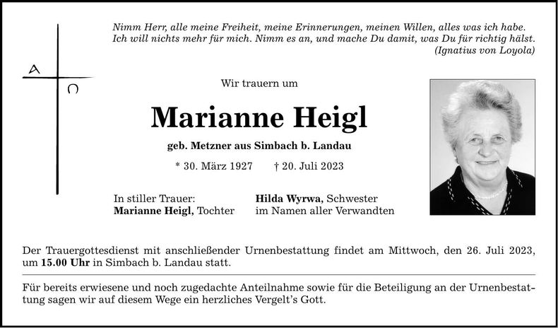 Traueranzeige Marianne Heigl
