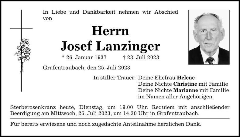 Traueranzeige Josef Lanzinger