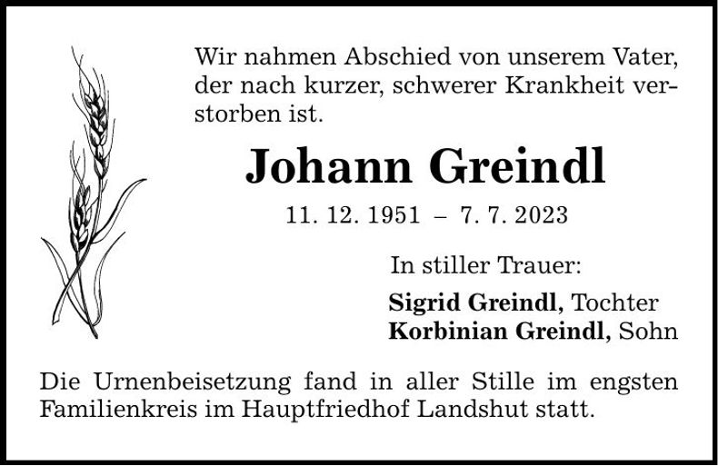 Traueranzeige Johann Greindl