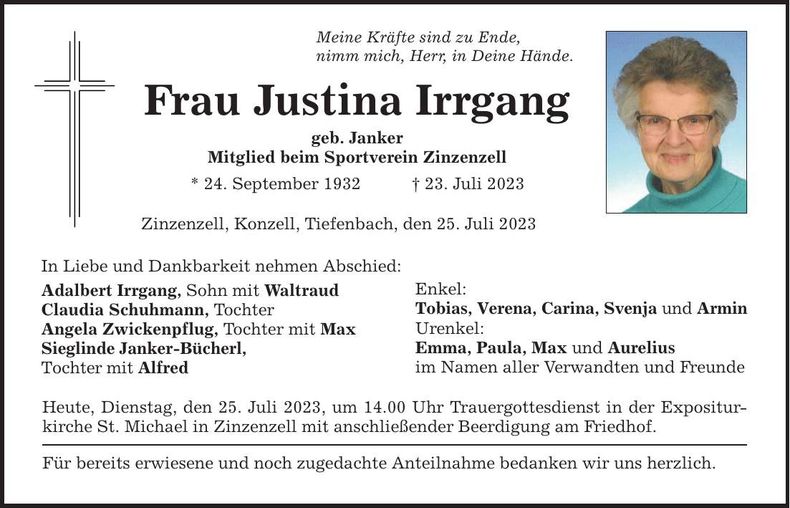 Traueranzeige Justina Irrgang