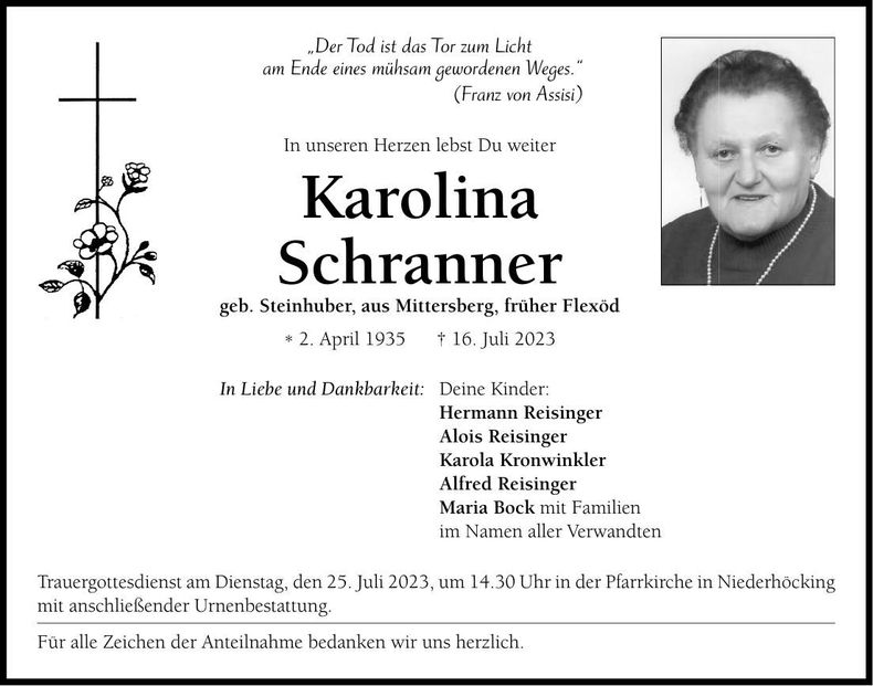 Traueranzeige Karolina Schranner