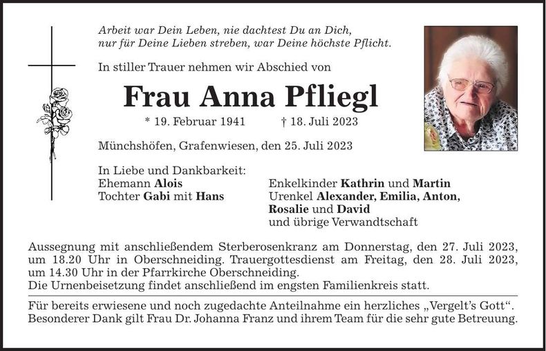 Traueranzeige Anna Pfliegl